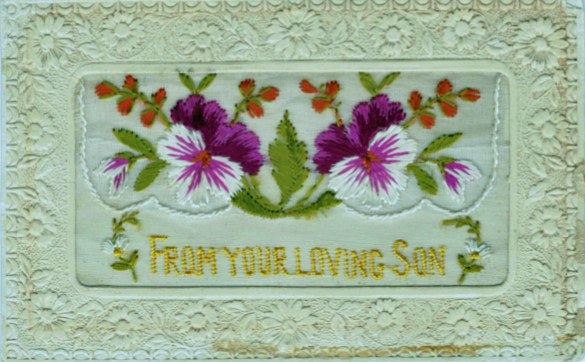 The embroidered postcard sent by Stanley. With thanks to Vivienne Marshall.