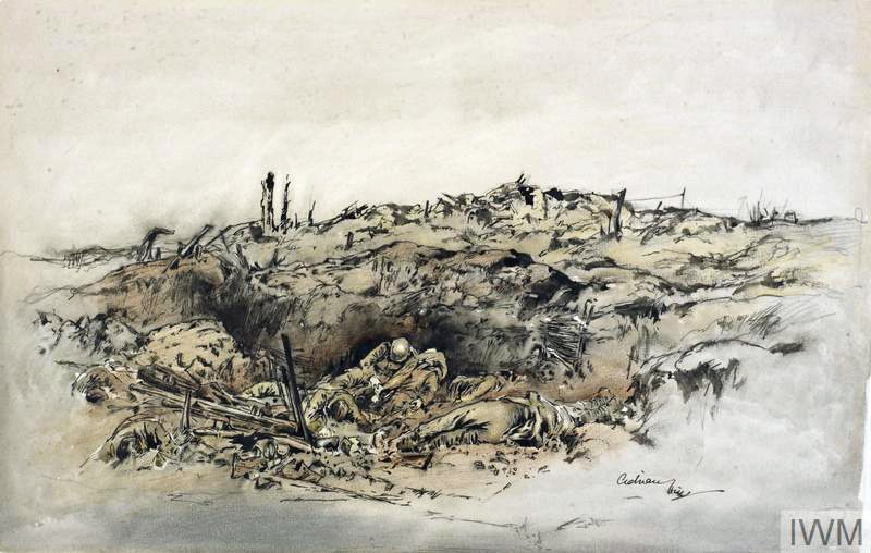 Miraumont: four soldiers in a destroyed trench or shell hole, at least two of whom may be dead. By Adrian Hill © Art.IWM ART 283