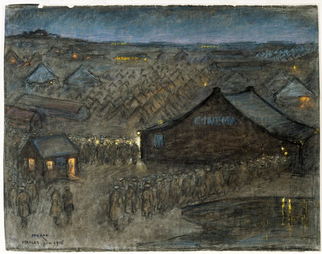 Cinema Queue Étaples 1916. At the YMCA Hut. (pastel and gouache) By Iso Ray an Australian artist who was a V.A.D Nurse at the camp. Public Domain. .