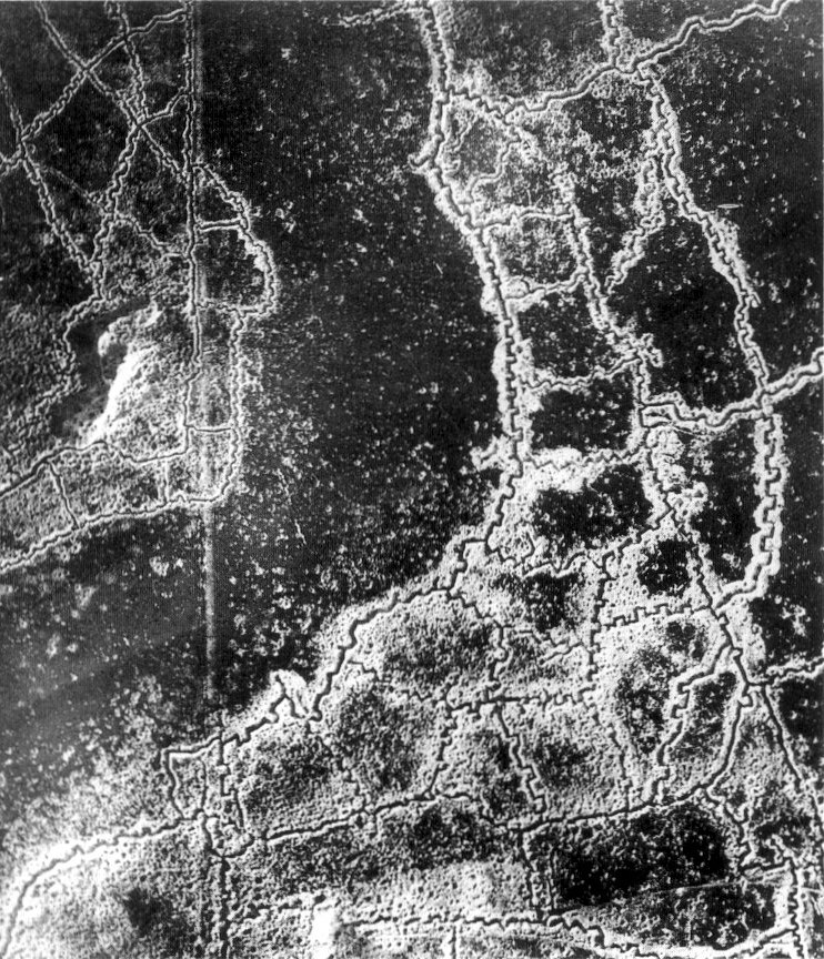 Aerial view of Loos-Hulluch trench system 22nd July 1917. German trenches right and bottom showing complexity of the systems that had built up by this time. (IWM Q 45786)
