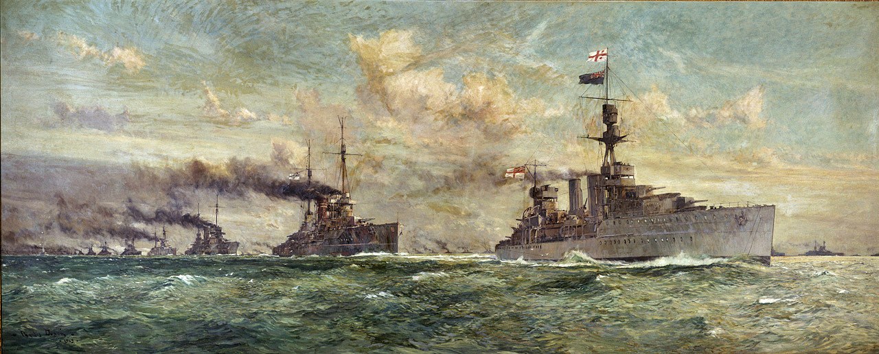HMS Cardiff leading the main body of the German Fleet to the Firth of Forth. Charles Edward Dixon 1918. National Maritime Museum. .