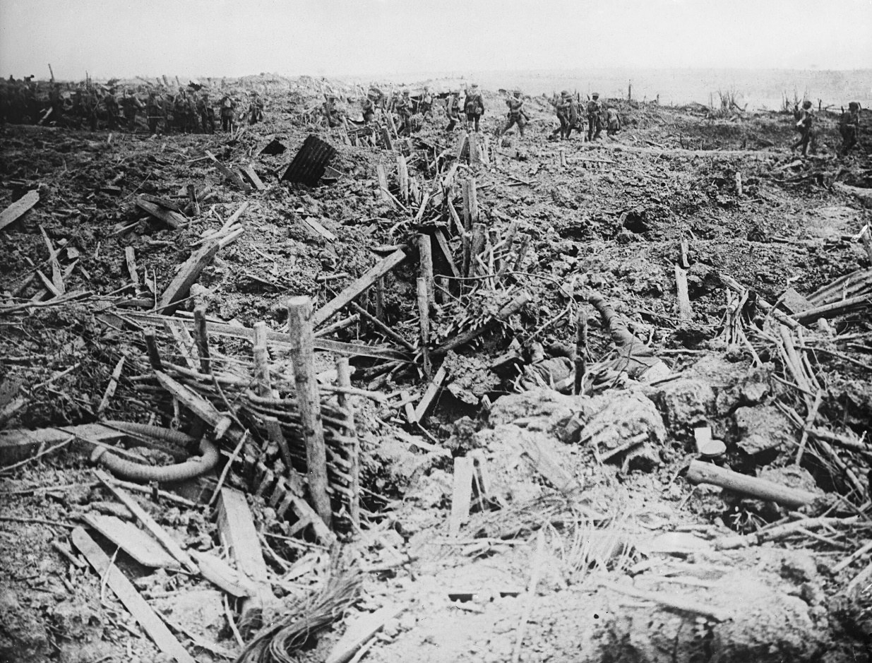 A smashed-up German trench on Messines Ridge 7th June 1917