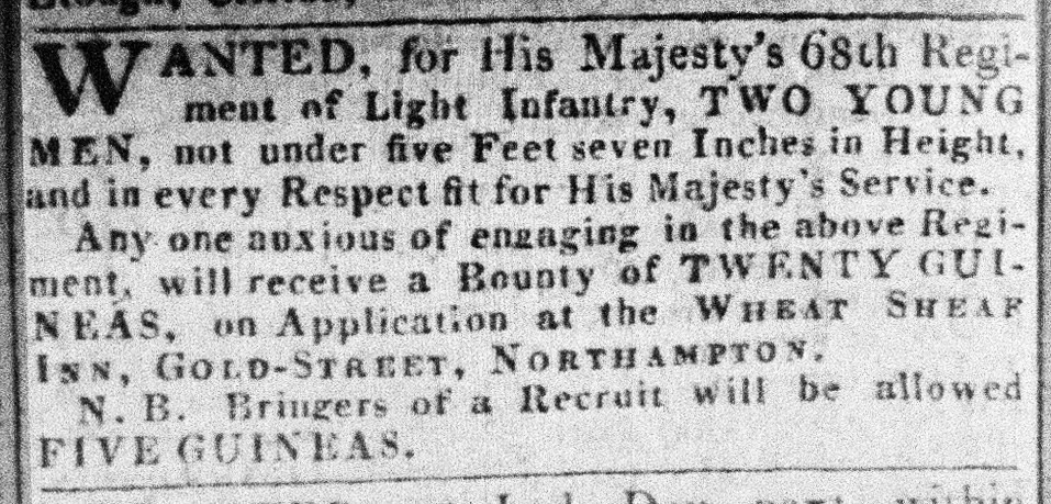 I have not found a similar advertisement for the 69th Regiment but it does show some of the inducements offered at this time Northampton Mercury 6th February 1813