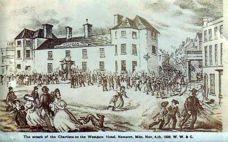 The Attack of the Chartists on the Westgate Hotel, Newport 4th November 1839 From Monmouthshire News. (Public domain)