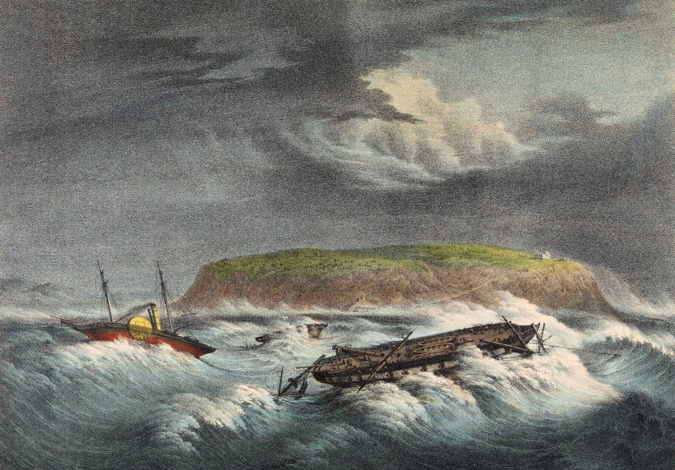 HMS Vesuvius (a paddle sloop steamship) on the left in a storm in the Bay of Acre (1840) Schranz Brothers (engravers). Wikipedia Commons