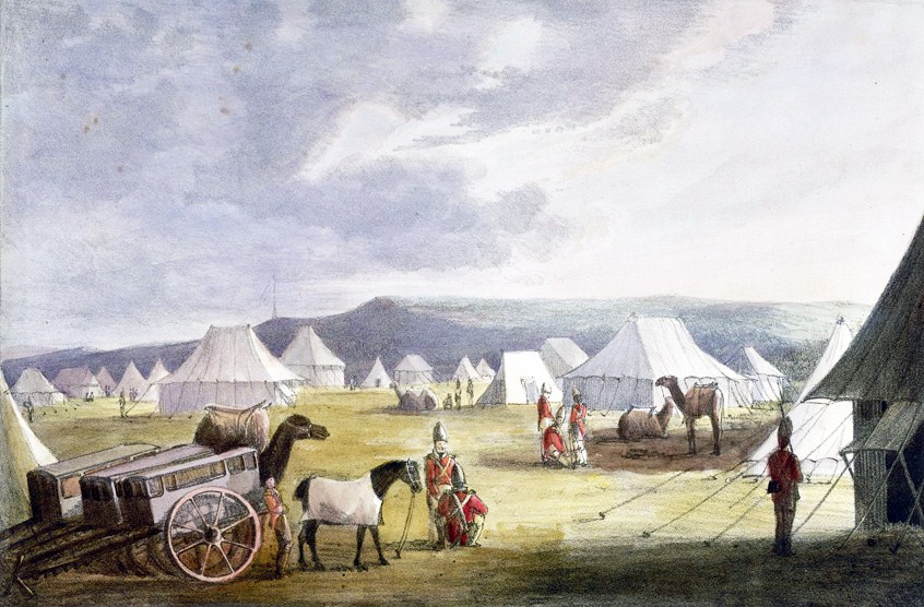 Indian Camp Scene in the Western Ghats in Maharash (c1817 – 1819) From drawing by Captain Barton who was an artillery officer during this time (Coloured lithograph by Rodolph Ackerman 1820). British Library. Public Domain.