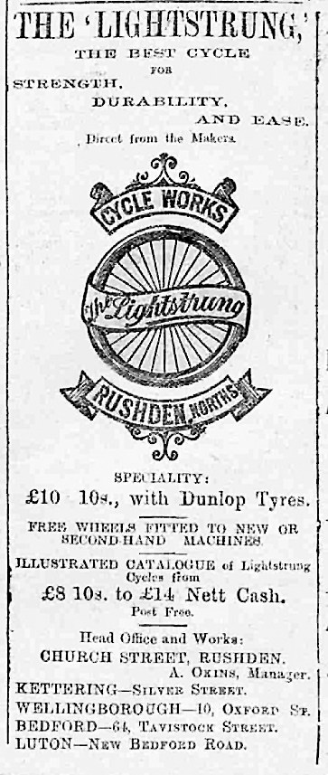 Local Bicycle Makers, Lightstrung, selling bicycles from £8 10s. to £14 One of a series of regular advertisements in the Wellingborough News From Wellingborough Museum Archive