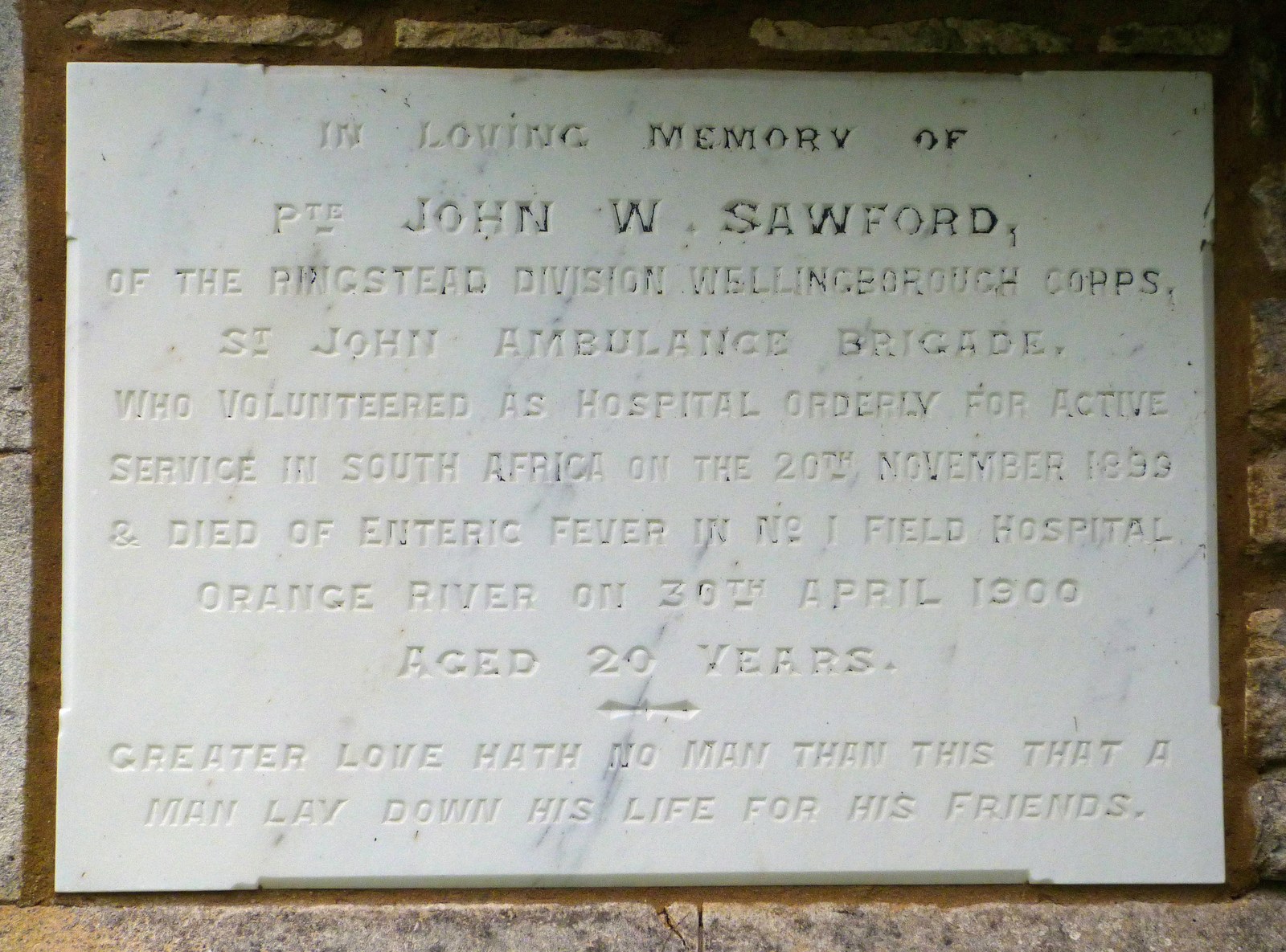 Memorial stone to John William Sawford on Ringstead Cemetery Chapel wall. Author’s own photograph. May 2012