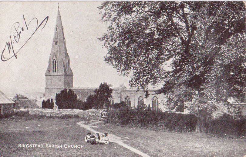 The church from south showing group of small children and a well trodden Friar’s Path to Raunds Pre 1906 Postcard from Author’s collection