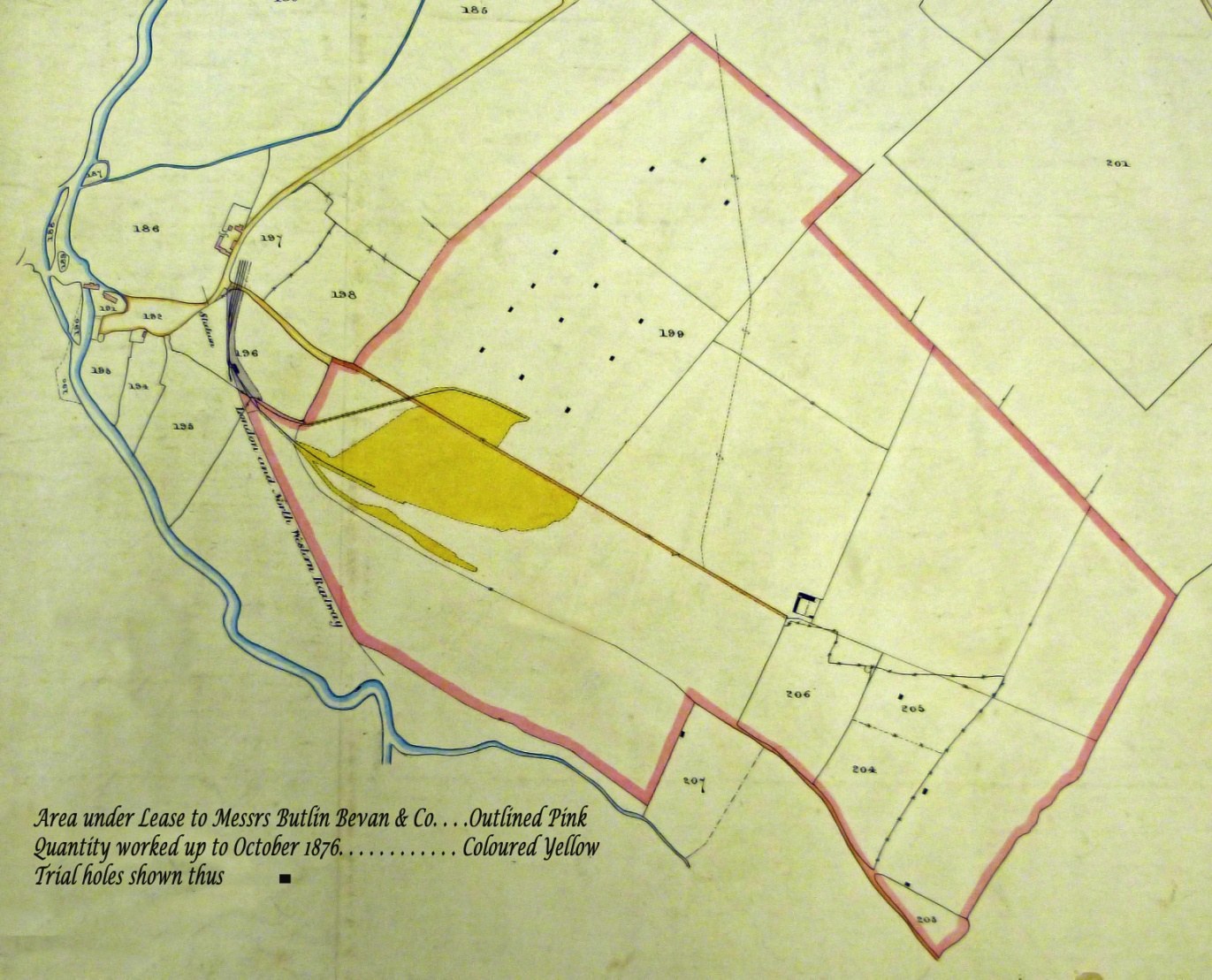 Map of showing Ringstead Quarry and trial holes for future work (1876) Based on 1840 map with relevant details added in 1876.