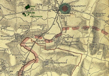 Based on the 1871 Ordnance Survey Map showing the relative positions of Ringstead, the Peray Pit, Islip Ironworks, the Nene and the Railway. (The Kettering- Cambridge line is not shown). The 1884 – 86 Pit may have been the one where John Ball was killed.