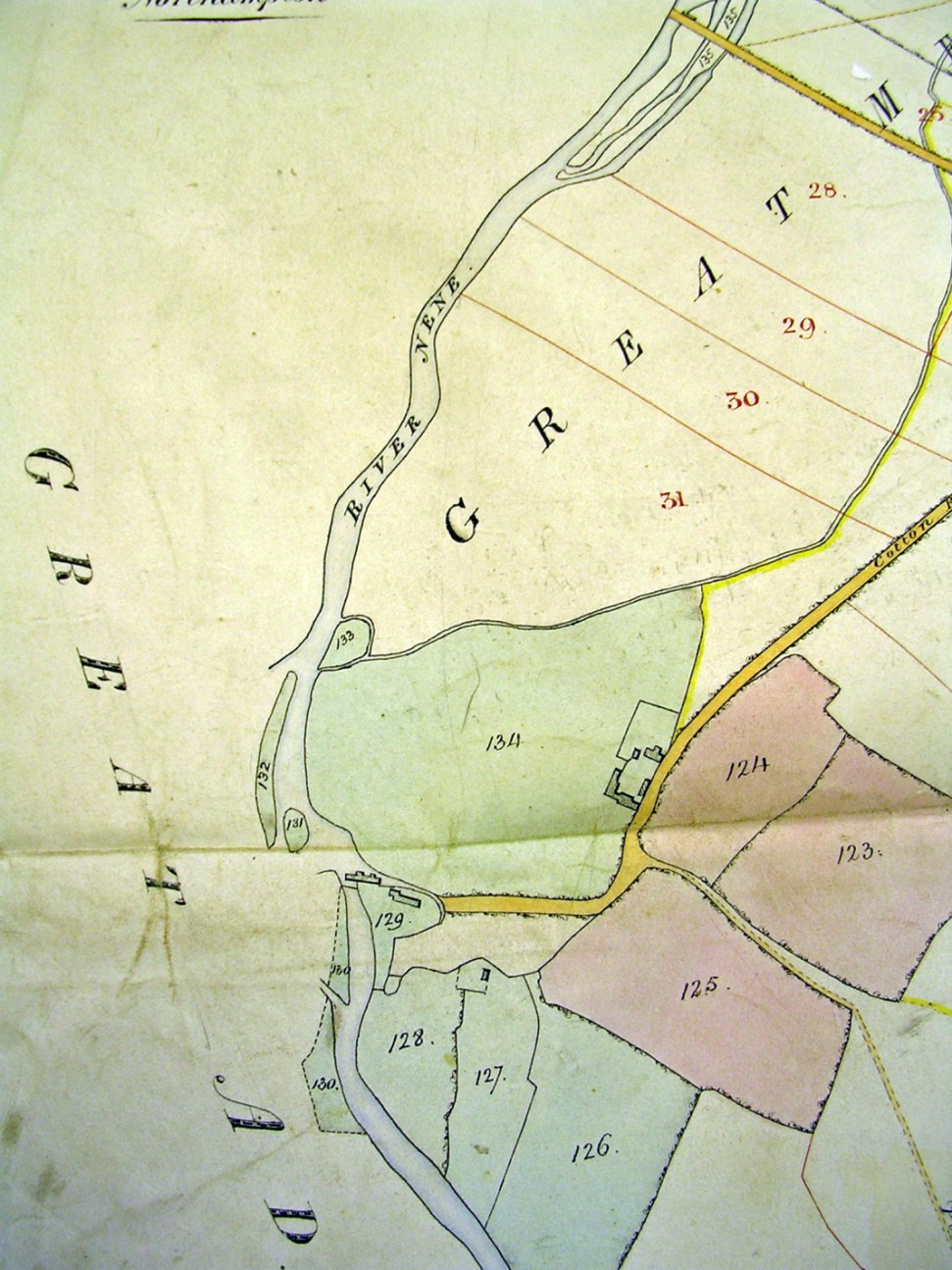 Part of the Inclosure Award Map 1840 (ML 1550 NRO). With the kind permission of Northampton Record Office).