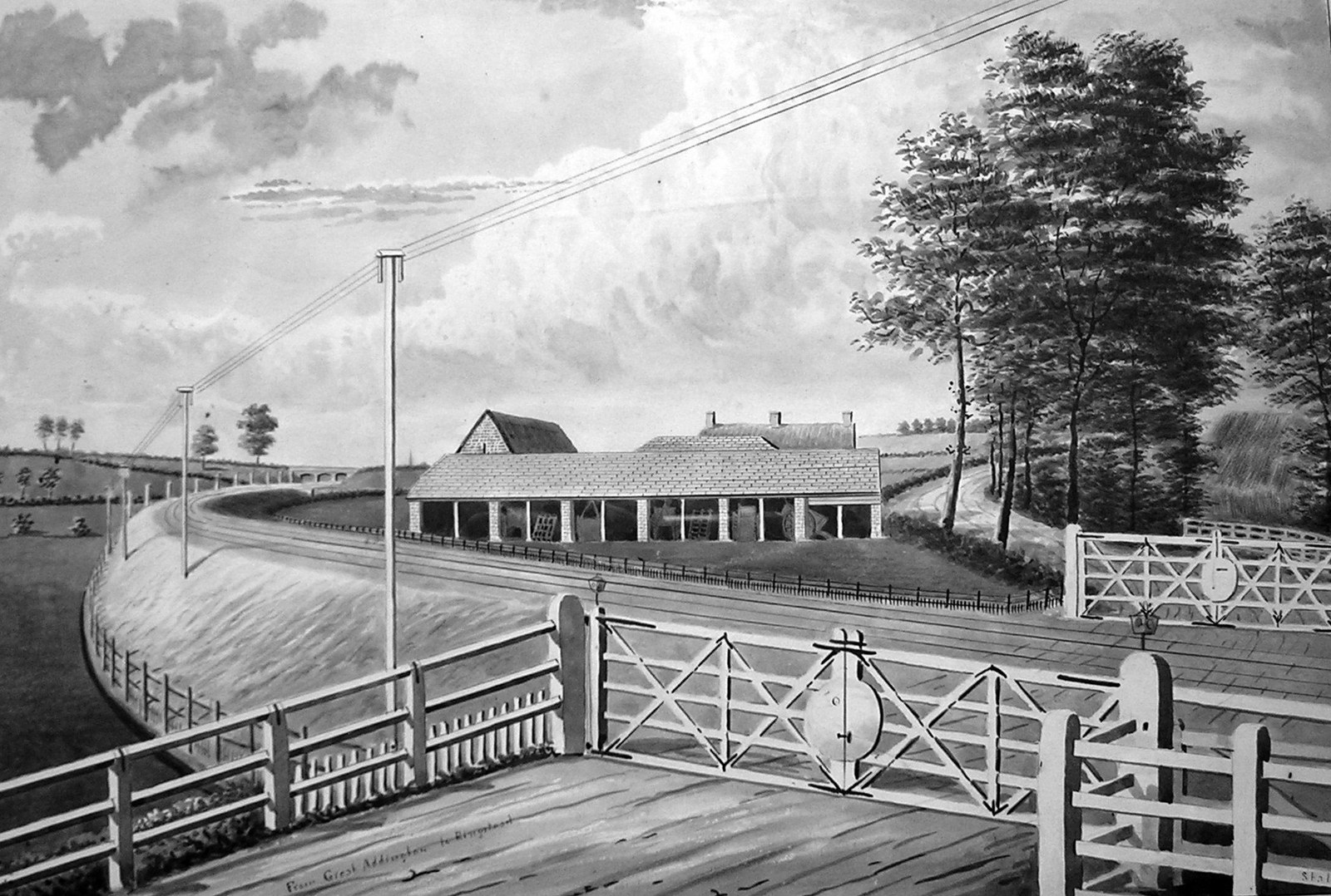 Drawing produced for George Capron by George Clarke and now at Southwick Hall (With the kind permission of Christopher Capron) Telegraph wires connected the stations along the route only 7 years after its invention.)
