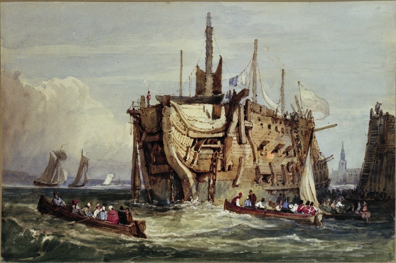 Convicts being rowed out to a prison hulk, probably the Justitia c. 1835. (After work by George Cook, Samuel Prout).